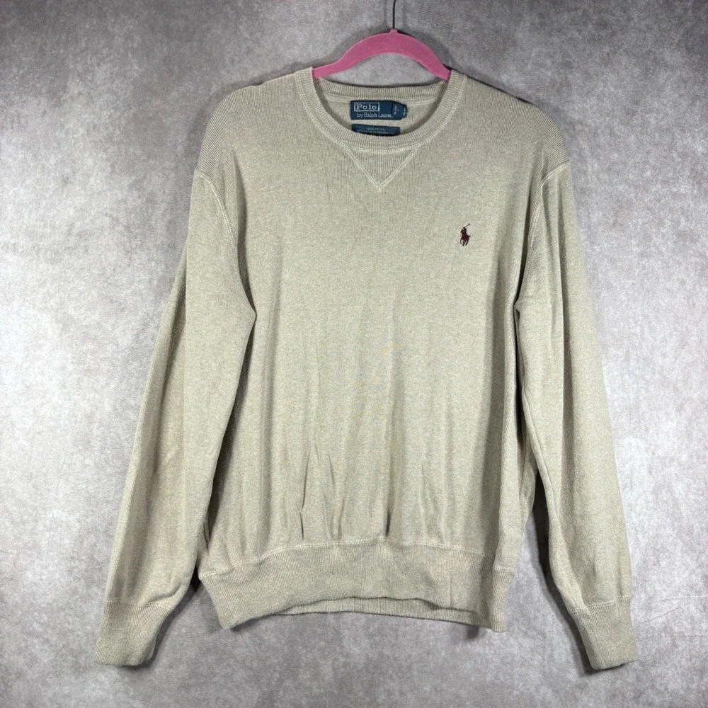 Polo Ralph Lauren Sweater Mens Size Large Beige Crewneck Cotton Pony Logo Preppy